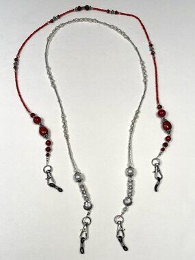 Lot 2 Handmade Beaded 29" Red & White Mask Glasses EYEGLASS CHAINS Holders NEW
